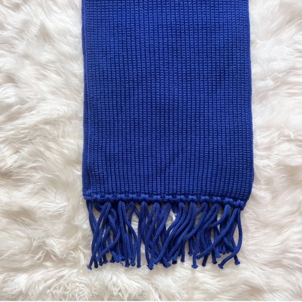 New! VERSACE Logo Intarsia Knit Fringe Oversized Unisex Wool Scarf in Royal Blue
